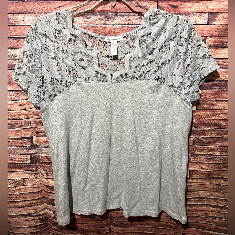 Ambiance Lace Shoulder Grey Top